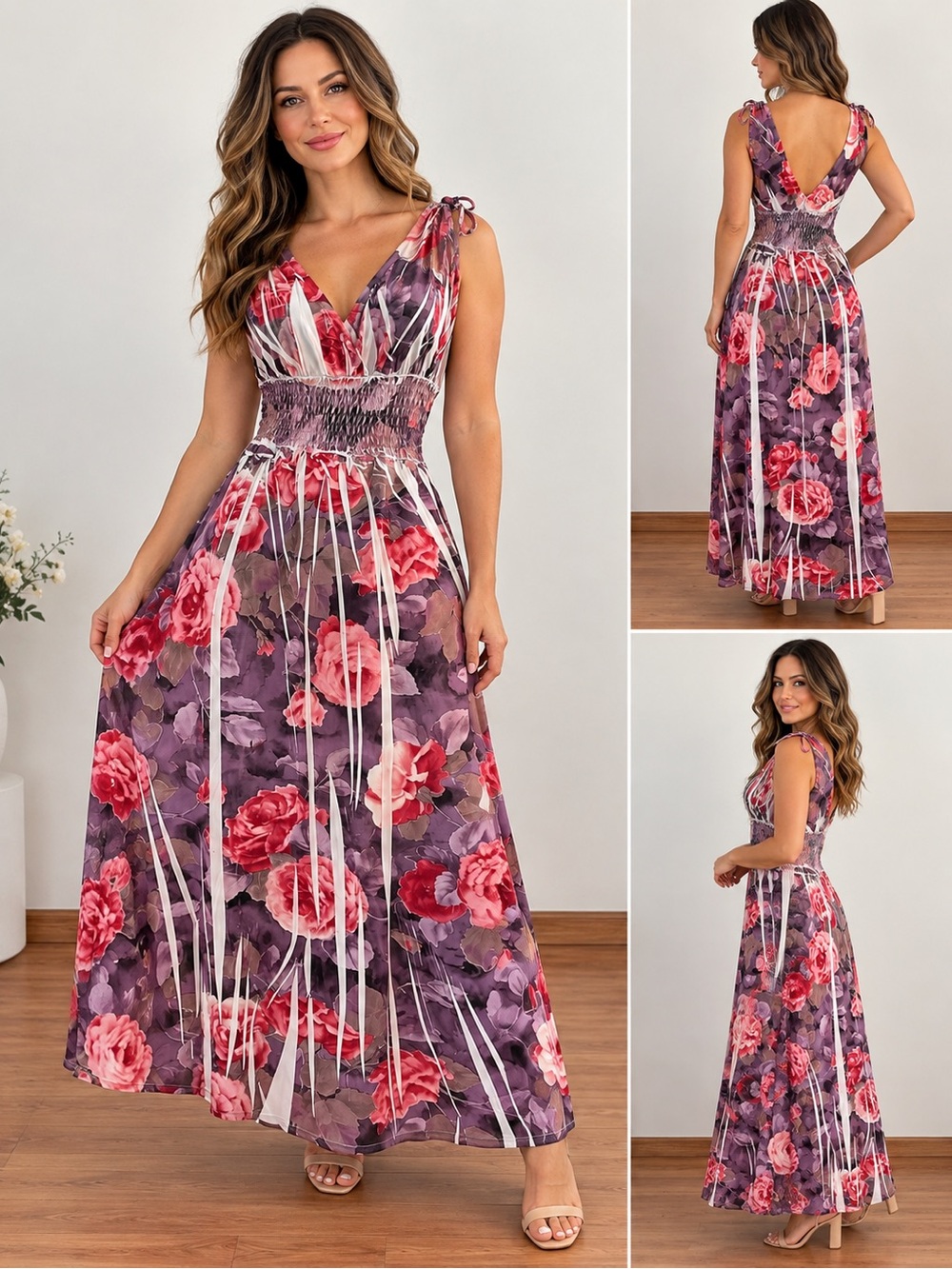 Just Love Women’s Floral Maxi Dress Size M V-Neck Smocked Waist